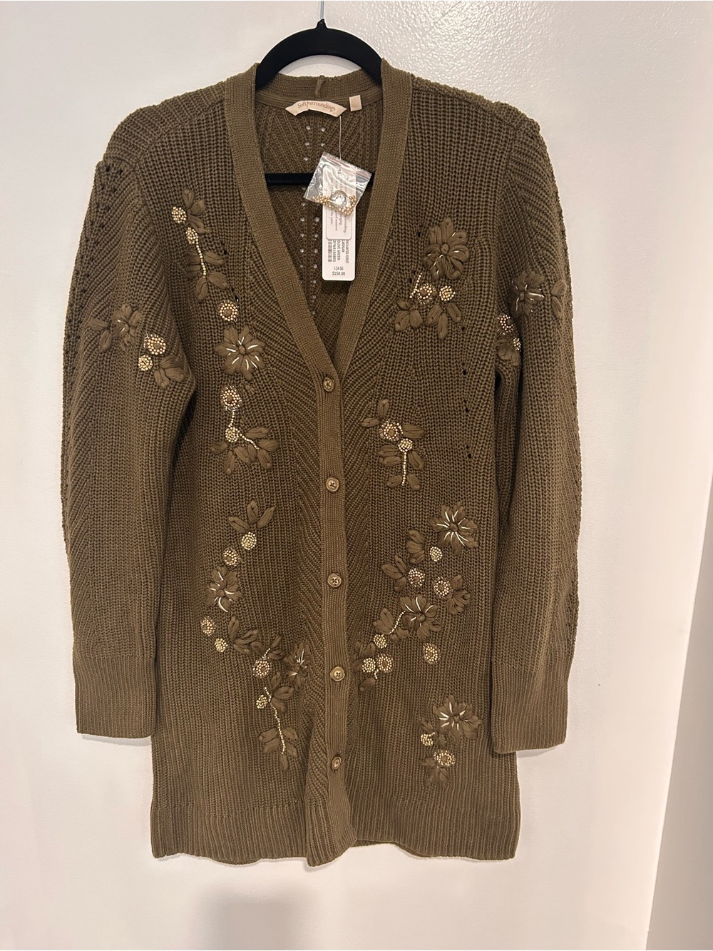 Soft Surroundings Olive Green Floral Embellished Cardigan